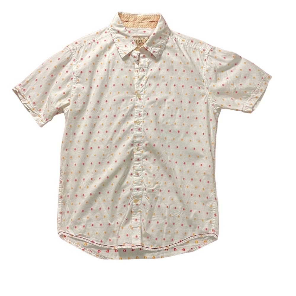 Vintage Italia White Short Sleeve Button-Up Shirt with Red Dots